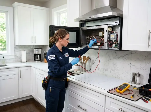 Appliance Repair Hero technician testing an over-the-range microwave in a Acton, MA kitchen